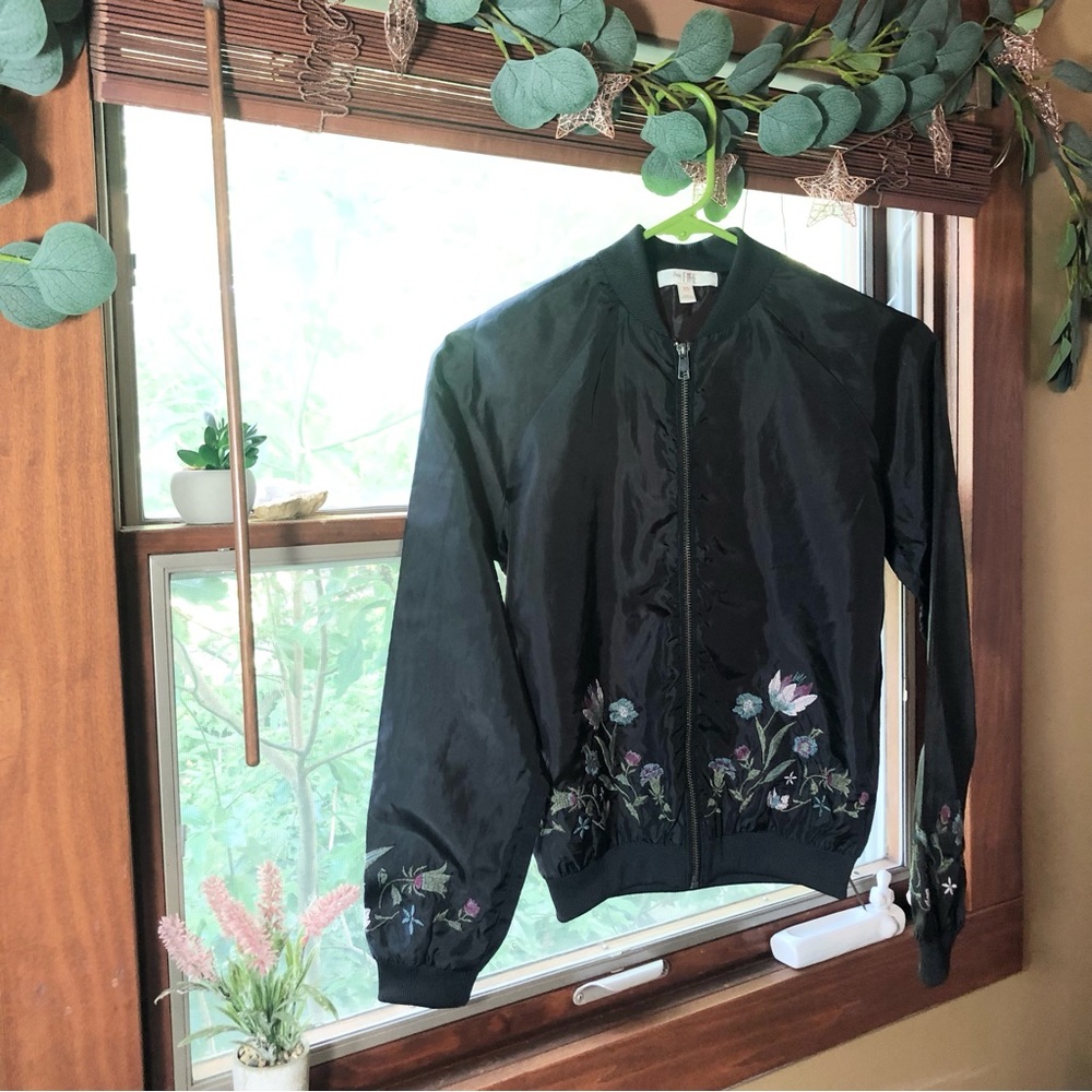 Love Fire Floral Embroidered Black Zip Up Jacket Womens Size XS Whimsigoth Fairy